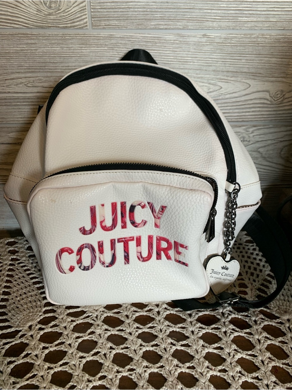 Juicy Couture White Backpack with Pink Logo Accent